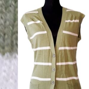 Y2K Old Navy Green/White Stripe Sleeveless Cardigan Sweater Vest - Size Medium